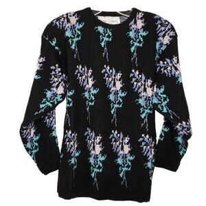Vintage Floral Geometric Sweater M Black Blue Pink Cottagecore Retro 1980s